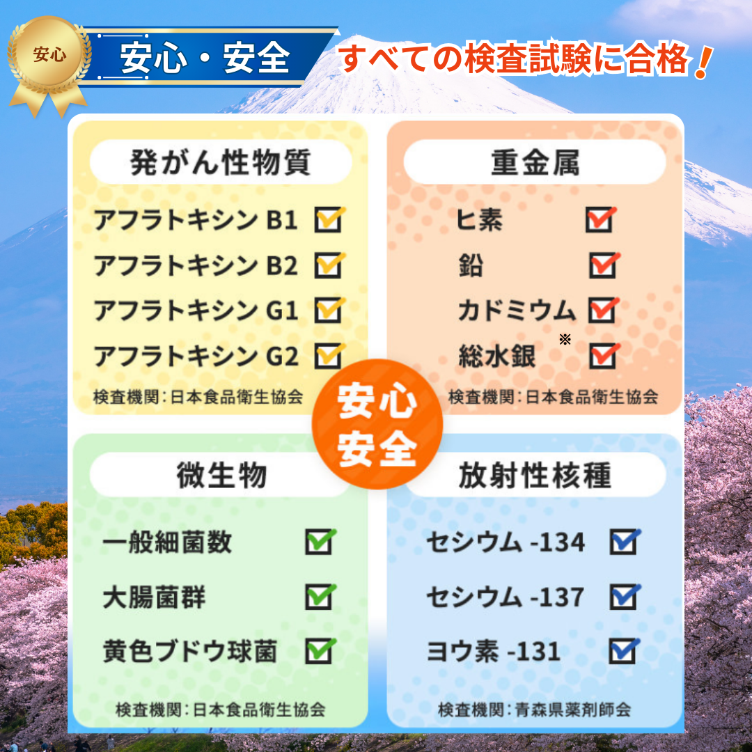 安心・安全。 すべての検査試験に合格。発がん性物質検出なし。重金属検出なし。微生物検出なし。放射性核種検出なし。