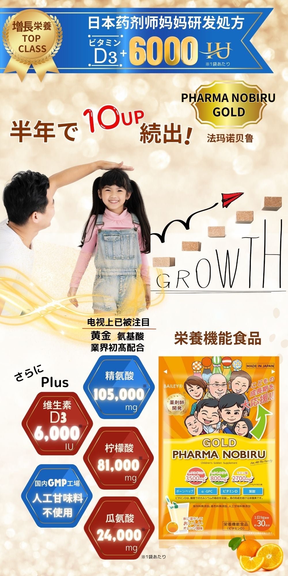 4+1 for 5 monthes【Children's rapid growth supplement Made by a Pharmacist Mom for 】New "Pharma Nobiru Gold" for Overseas, Ship from japan brand⛩️ /【药剂师妈妈精致的儿童猛长冲剂】跨境新“法玛诺貝尔金版” 日本品牌厂家直发⛩️
