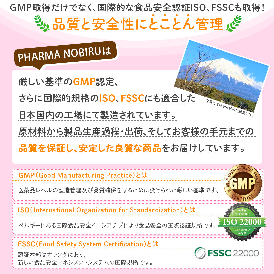 GMP認定　ISO、FSSC適合　ファーマノビル